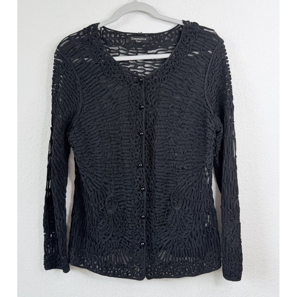 Temptation Italy Crochet Lace Cardigan Top M* Black Button Front Romantic Boho